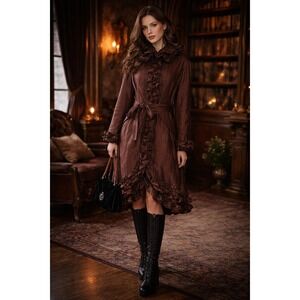 Samuel Dong Coat Womens L Brown Ruffle  Gothic Victorian Dark Romantic